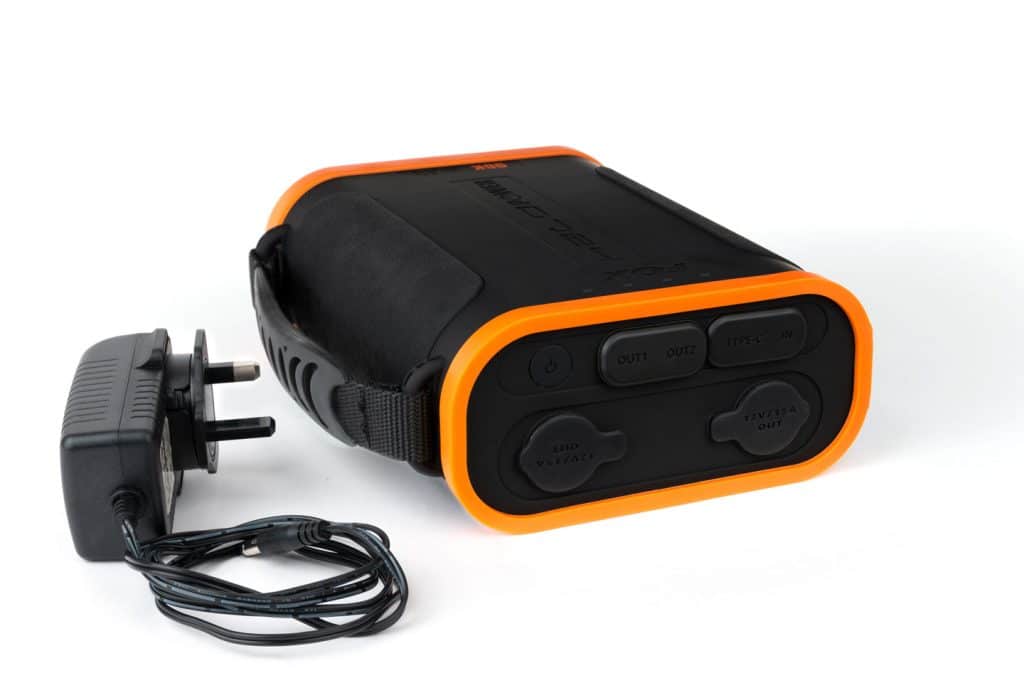 Fox Halo 96K Power Pack – portable fishing power bank with built-in bivvy light and dual USB ports, ideal for long carp fishing sessions.