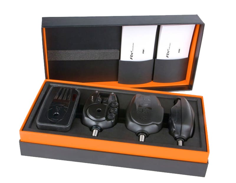 Fox RX+ 3 Rod Presentation Set bite alarms with receiver and LED indicators for carp fishing setup.
