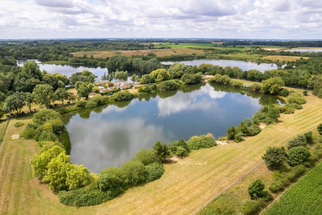 Riverslea Farm Lake carp fishery — panoramic view of swims, water, and reed margins
